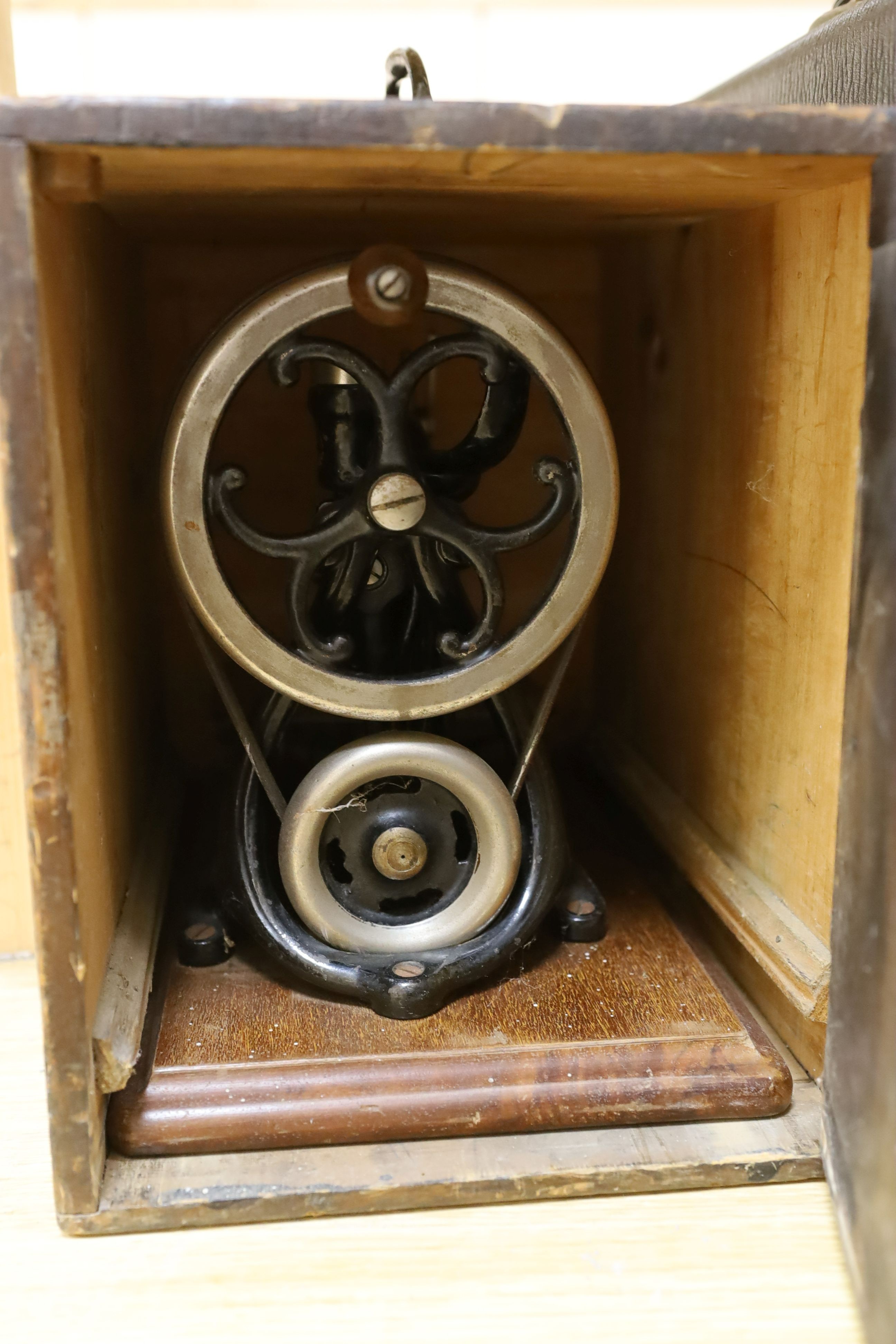 A Victorian sewing machine, Corona typewriter and two microscopes
